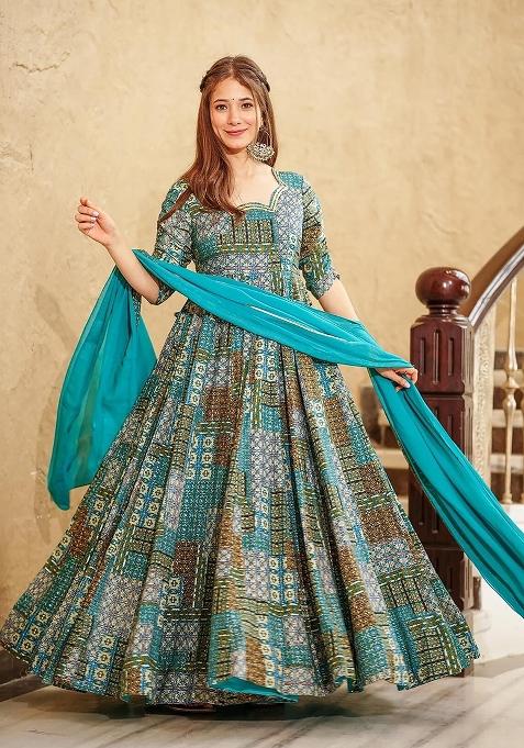 Sky Blue Printed Rayon Gown With Dupatta