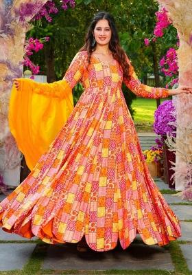 Multicolor Printed Rayon Gown With Dupatta
