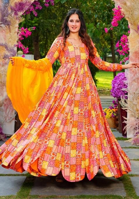 Multicolor Printed Rayon Gown With Dupatta