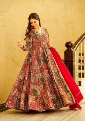 Red Printed Rayon Gown With Dupatta