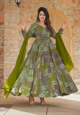Green Printed Rayon Gown With Dupatta