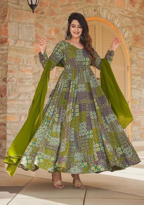 Green Printed Rayon Gown With Dupatta