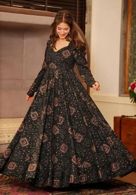 Black Printed Rayon Gown With Dupatta