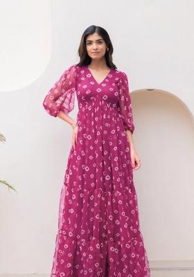 Beige Printed Georgette Gown