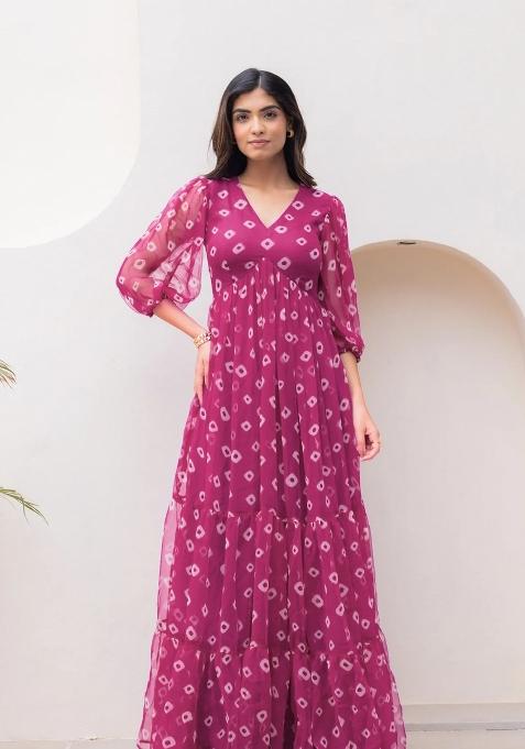 Beige Printed Georgette Gown