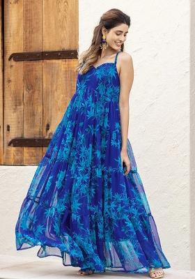 Navy Blue Printed Georgette Gown
