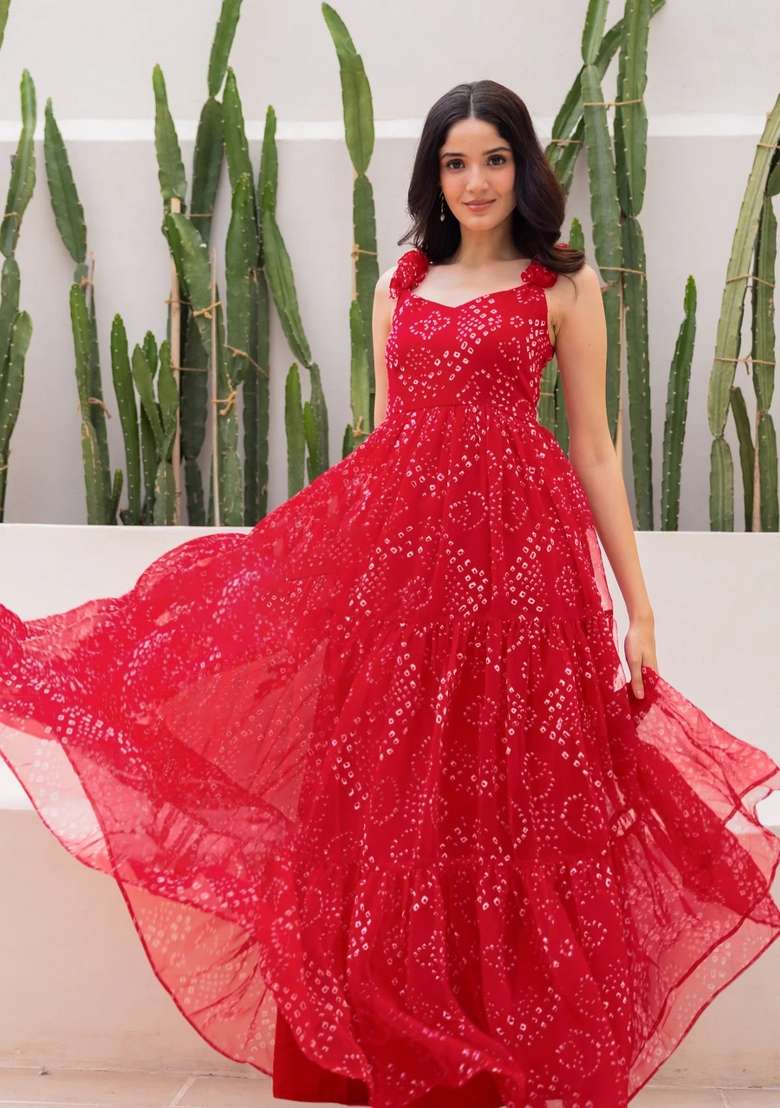 Red Georgette Gown with Printed for Diwali | Wedding & Festive Wear - Indya