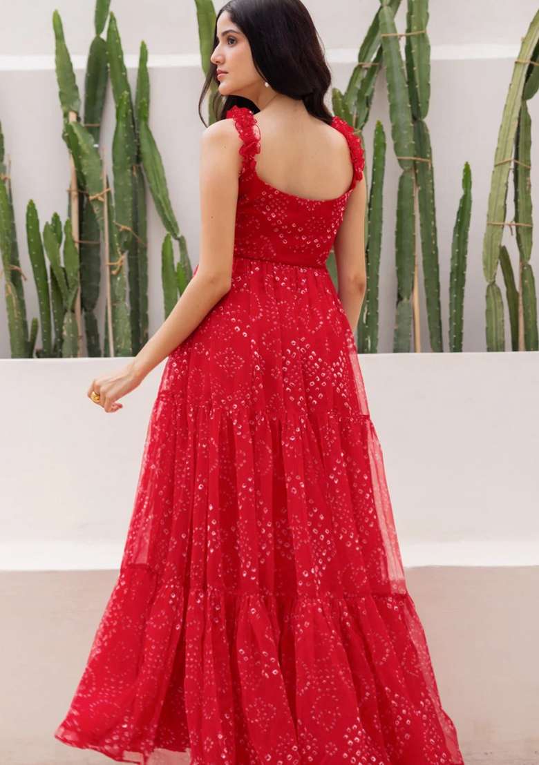 Red Georgette Gown with Printed for Diwali | Wedding & Festive Wear - Indya