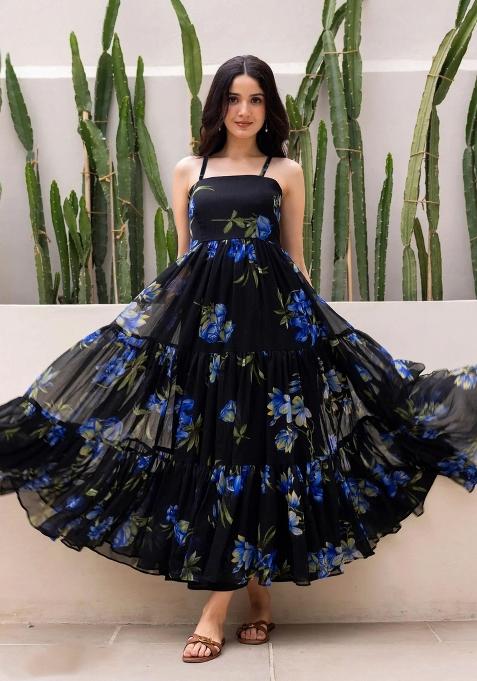 Black And Blue Printed Georgette Gown