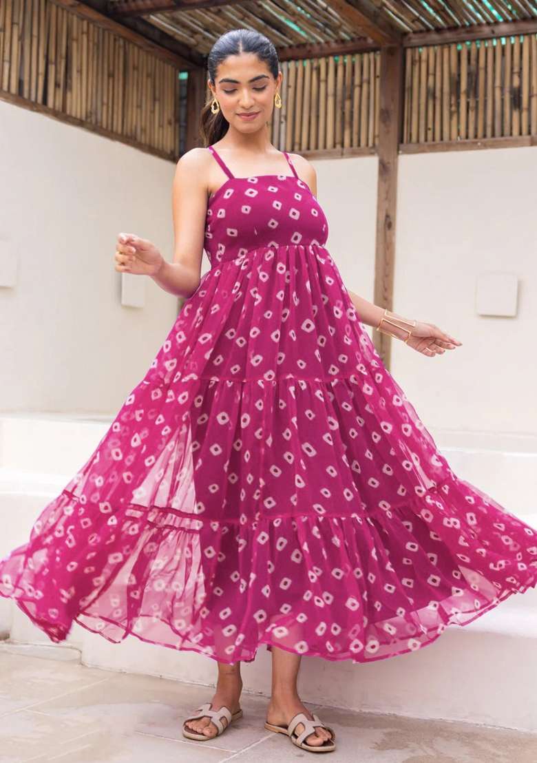 Maroon Printed Georgette Gown for Diwali and Festive Wear - Indya