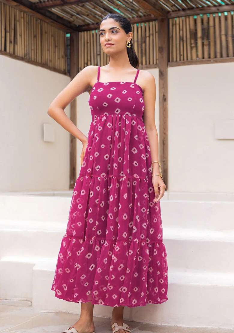 Maroon Printed Georgette Gown for Diwali and Festive Wear - Indya