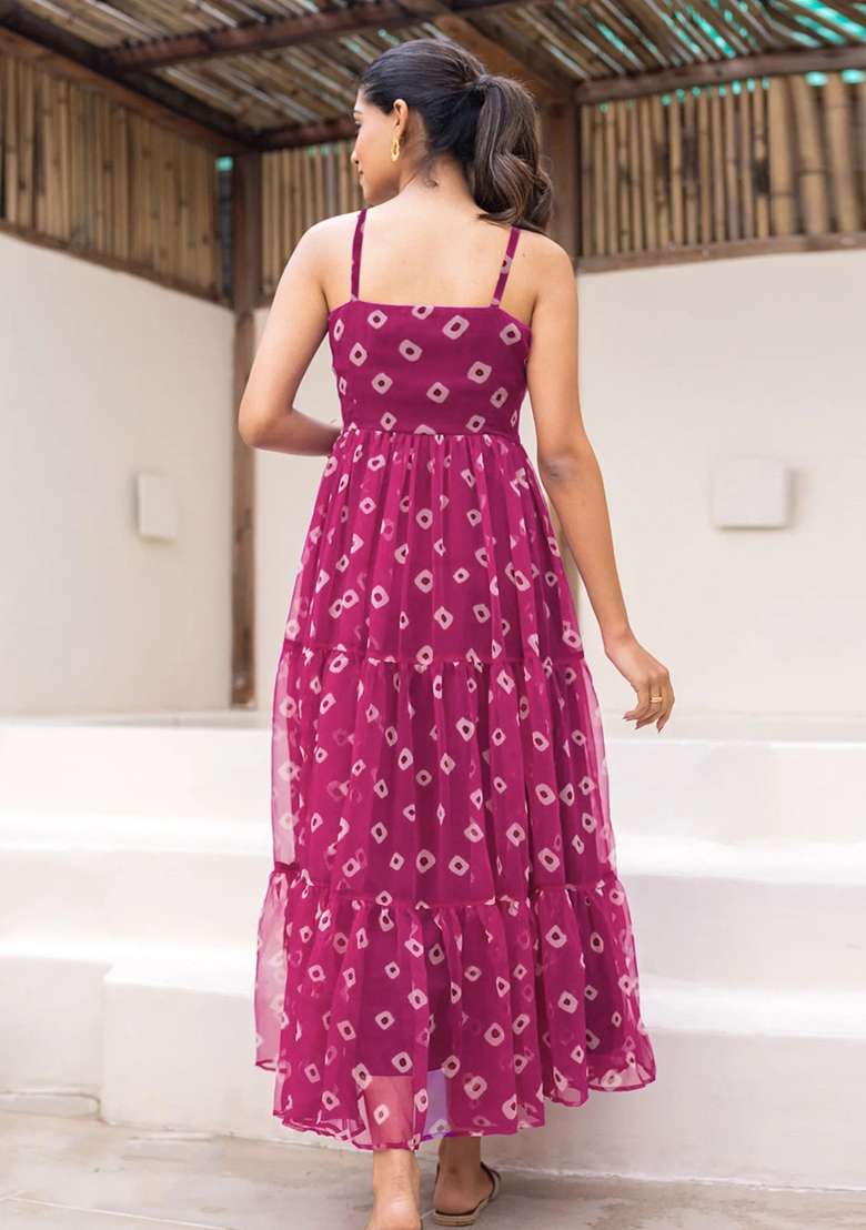 Maroon Printed Georgette Gown for Diwali and Festive Wear - Indya