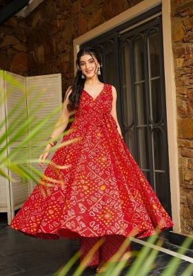 Red Printed Rayon Gown Set