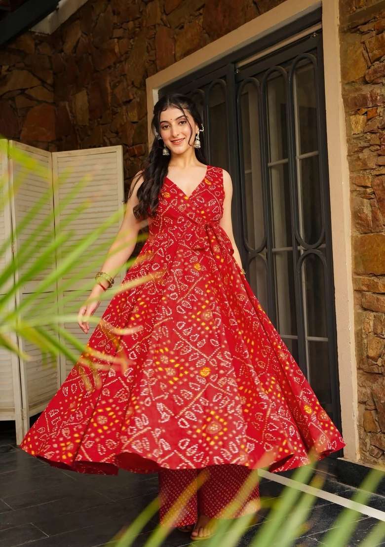 Red Printed Rayon Gown Set for Diwali and Festive Wear - Indya