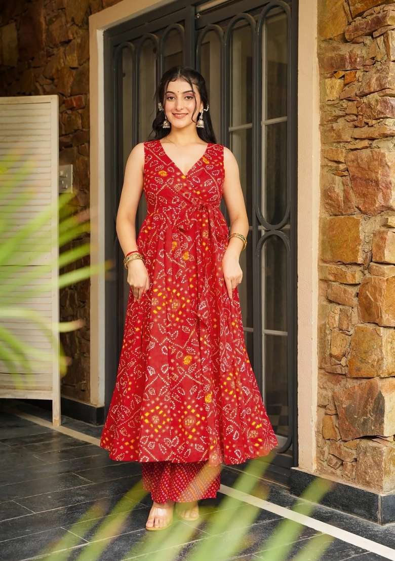 Red Printed Rayon Gown Set for Diwali and Festive Wear - Indya