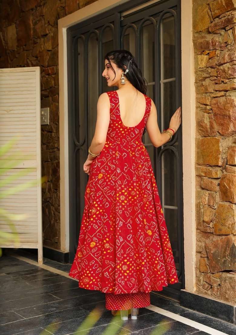 Red Printed Rayon Gown Set for Diwali and Festive Wear - Indya