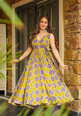 Yellow And Blue Printed Rayon Gown Set