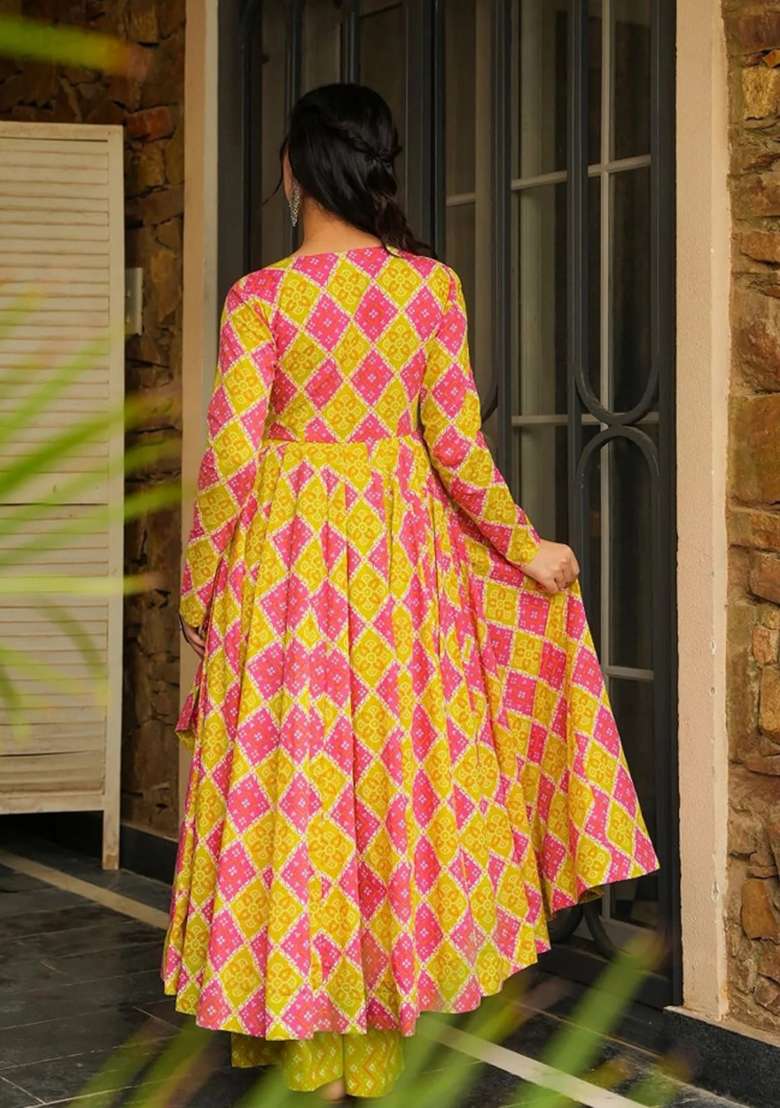 Orange Printed Rayon Gown Set for Diwali and Festive Wear - Indya