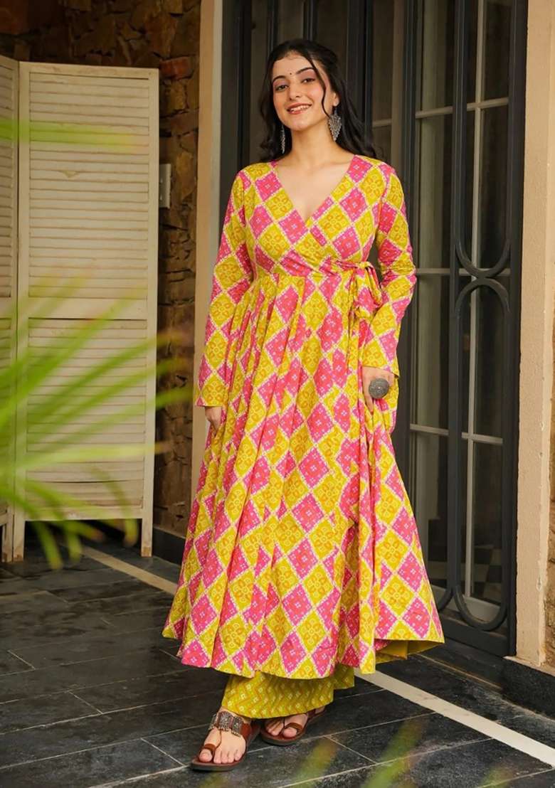 Orange Printed Rayon Gown Set for Diwali and Festive Wear - Indya