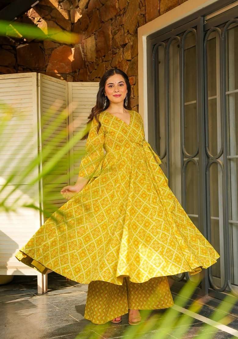 Yellow Printed Rayon Gown Set for Diwali and Festive Wear - Indya