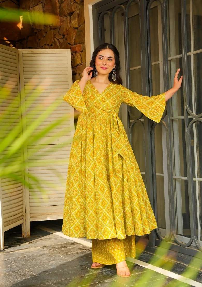Yellow Printed Rayon Gown Set for Diwali and Festive Wear - Indya