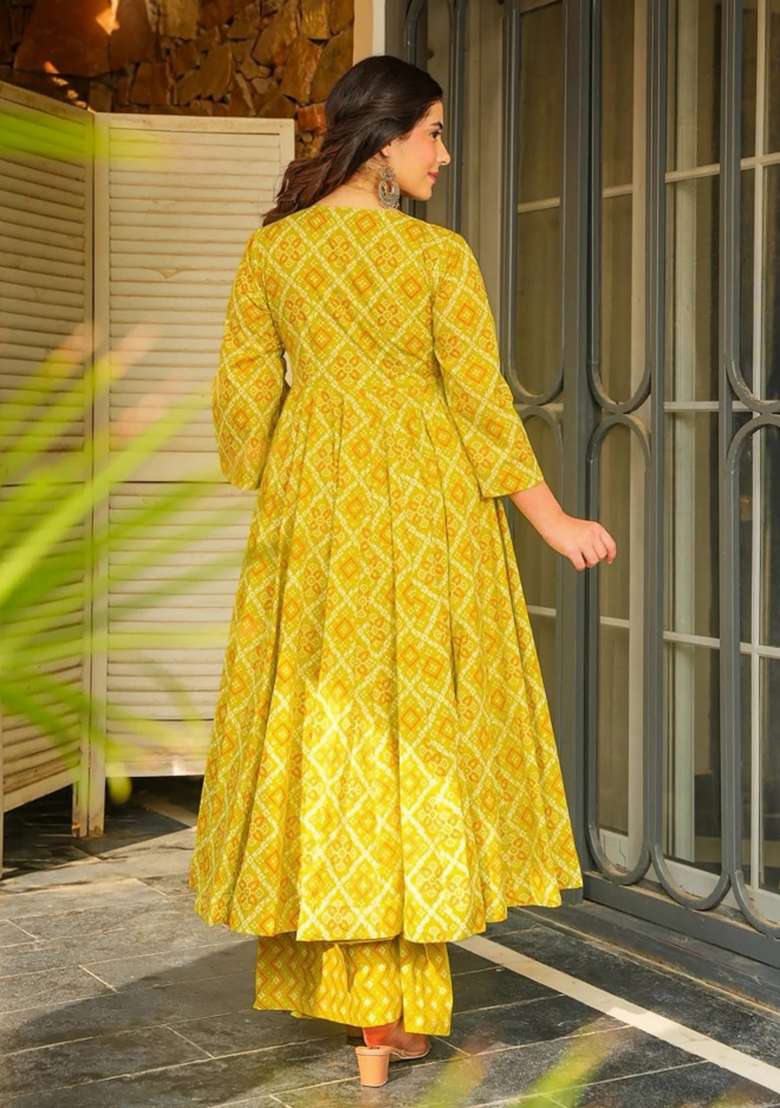 Yellow Printed Rayon Gown Set for Diwali and Festive Wear - Indya