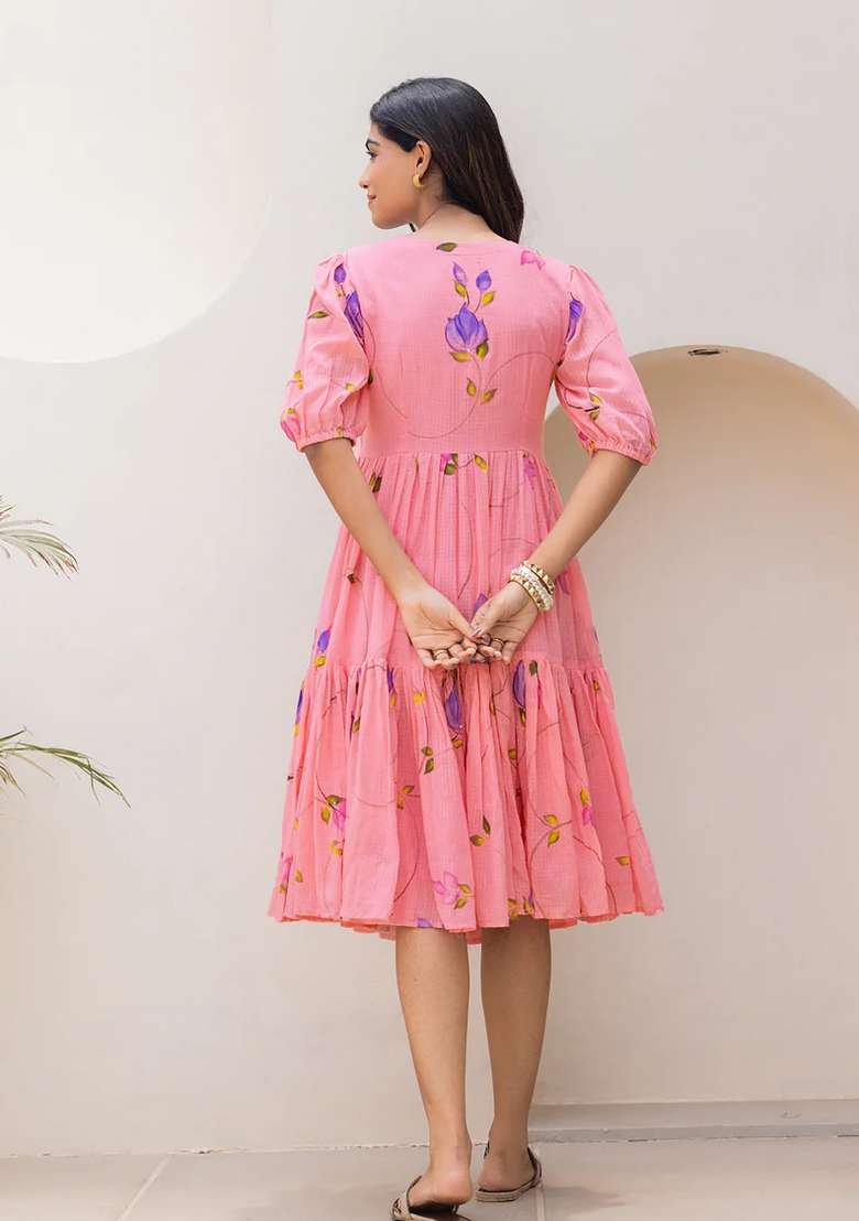 Pink Kota Checks Gown with Printed for Diwali | Wedding & Festive Wear - Indya