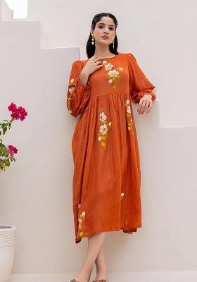 Orange Printed Kota Checks Gown