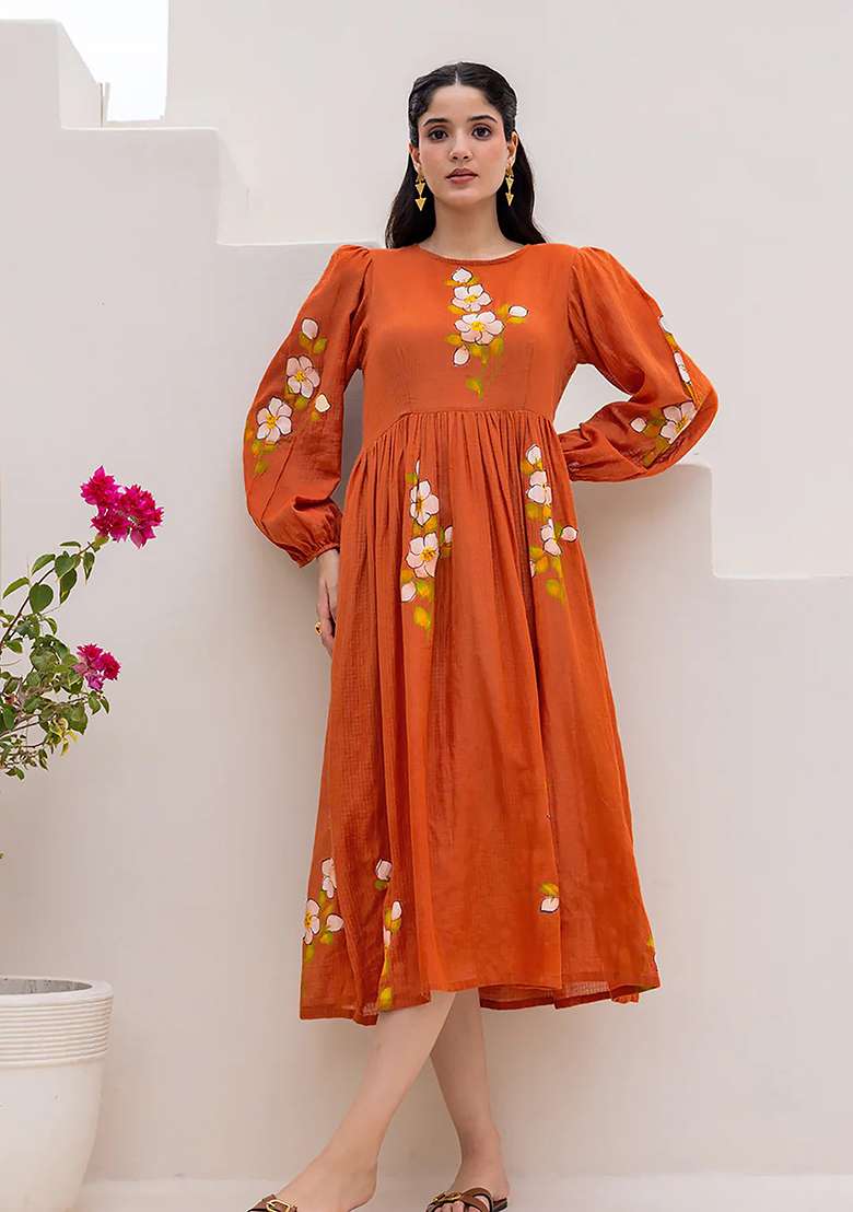 Orange Printed Kota Checks Gown for Diwali and Festive Wear - Indya