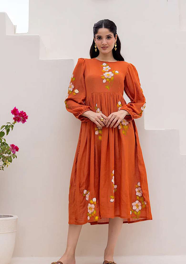 Orange Printed Kota Checks Gown for Diwali and Festive Wear - Indya