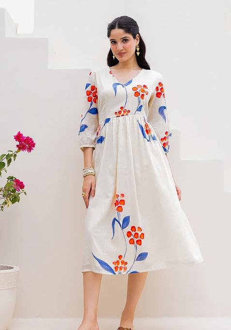 White Printed Kota Checks Gown
