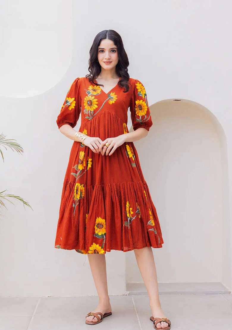 Red Printed Kota Checks Gown for Diwali and Festive Wear - Indya