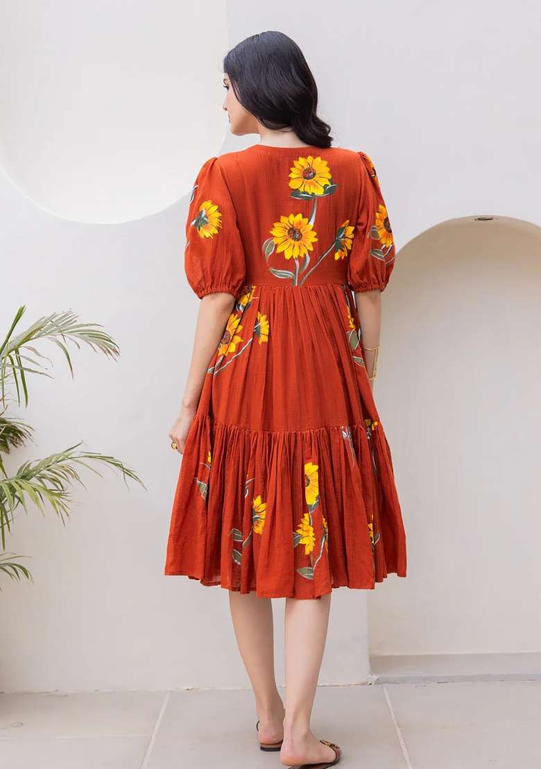 Red Printed Kota Checks Gown for Diwali and Festive Wear - Indya