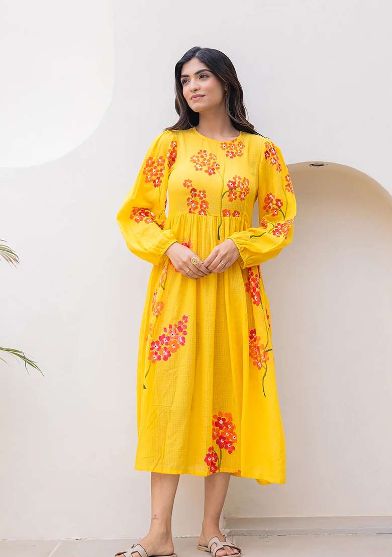 Yellow Printed Kota Checks Gown for Diwali and Festive Wear - Indya