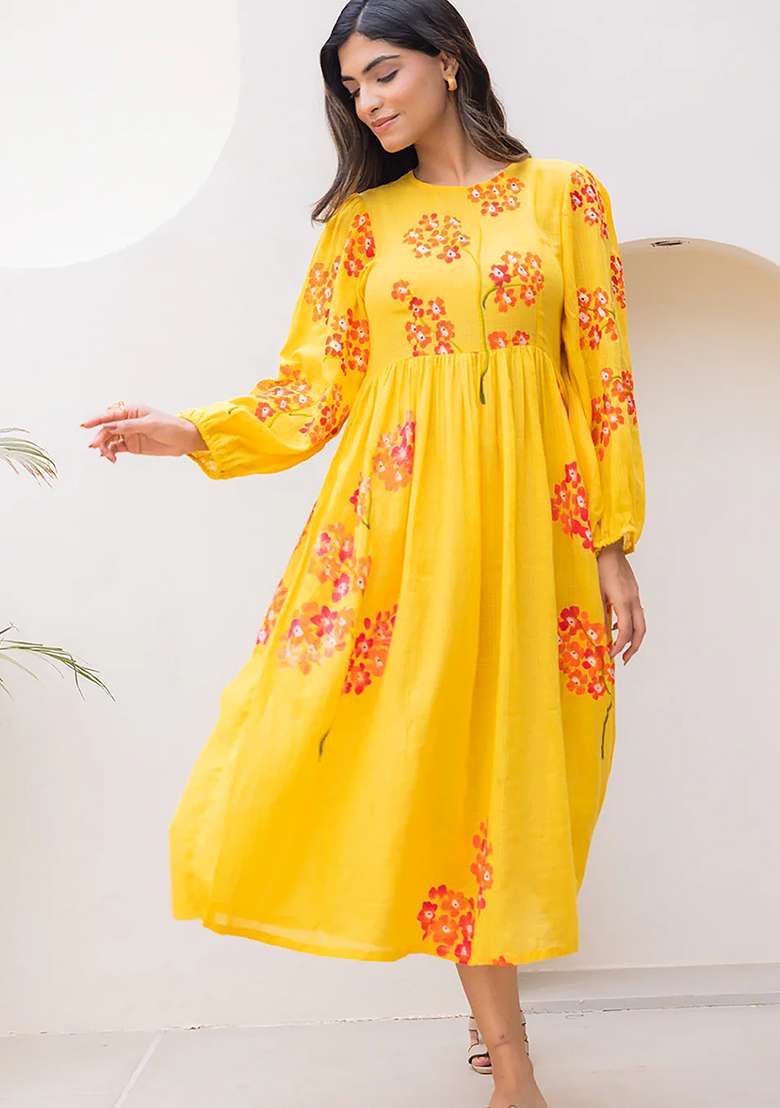 Yellow Printed Kota Checks Gown for Diwali and Festive Wear - Indya