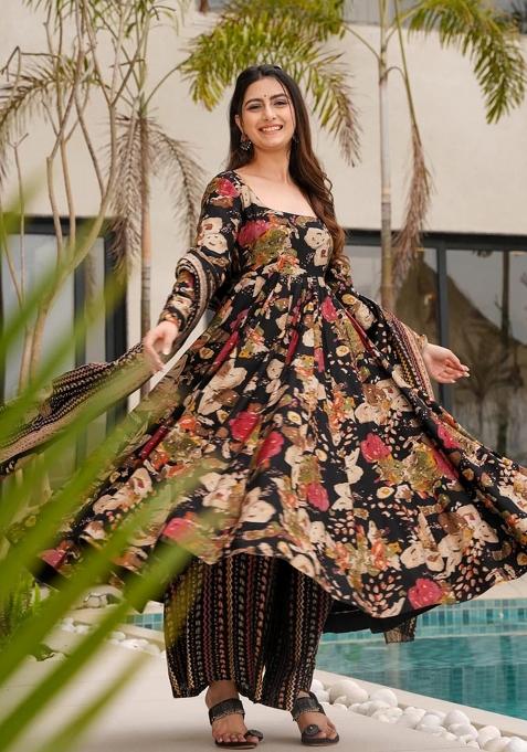Multicolor Printed Cotton Gown With Dupatta
