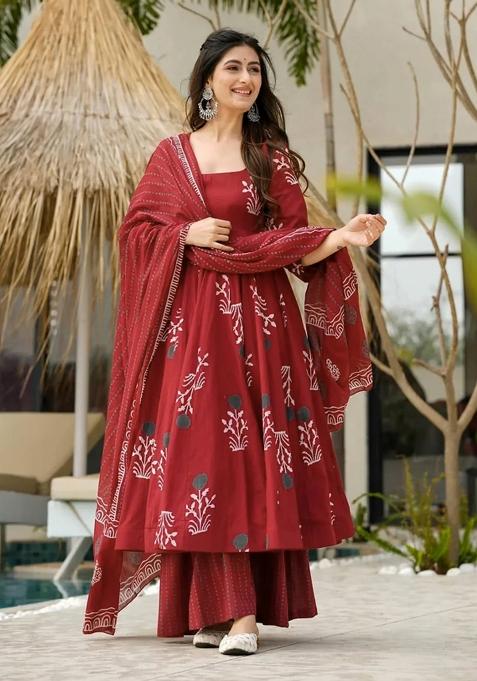 Multicolor Printed Cotton Gown With Dupatta