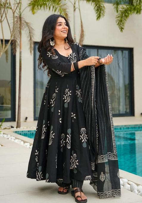 Multicolor Printed Cotton Gown With Dupatta
