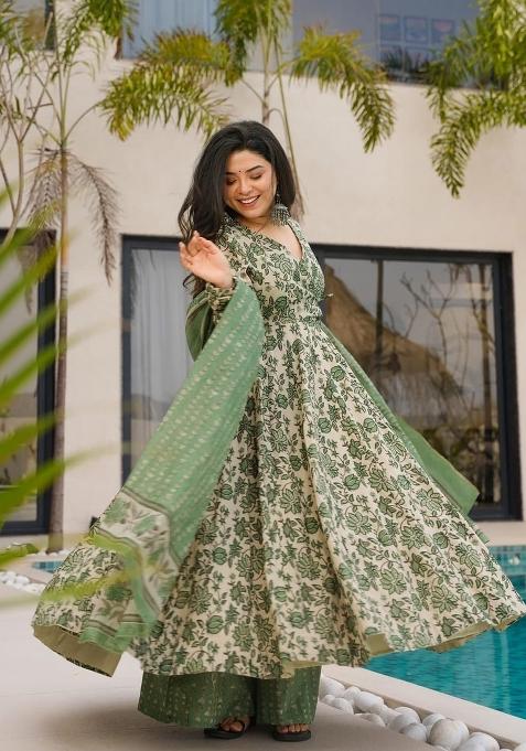 Multicolor Printed Cotton Gown With Dupatta