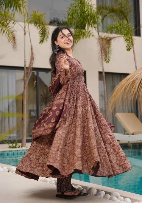 Multicolor Printed Cotton Gown With Dupatta