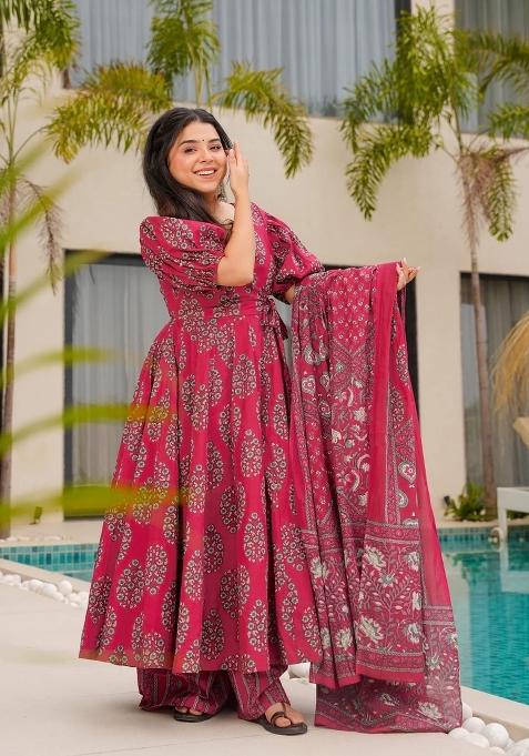 Multicolor Printed Cotton Gown With Dupatta