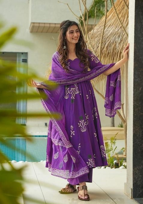 Multicolor Printed Cotton Gown With Dupatta