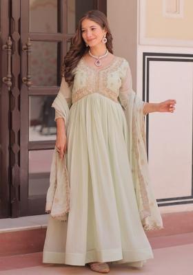 Pista Embroidered Georgette Gown With Dupatta