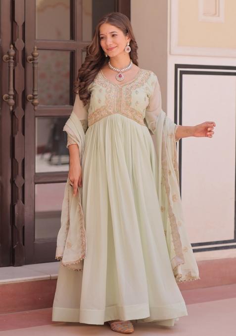 Pista Embroidered Georgette Gown With Dupatta