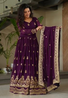 Purple Embroidered Faux Blooming Gown With Dupatta