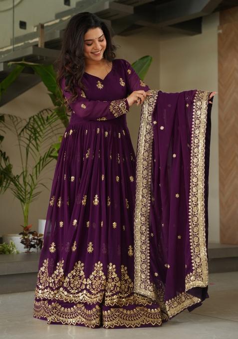 Purple Embroidered Faux Blooming Gown With Dupatta