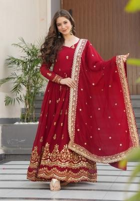Red Embroidered Faux Blooming Gown With Dupatta