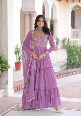 Onion Embroidered Georgette Gown With Dupatta