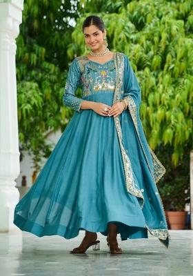 Sky Blue Embroidered Silk Gown With Dupatta