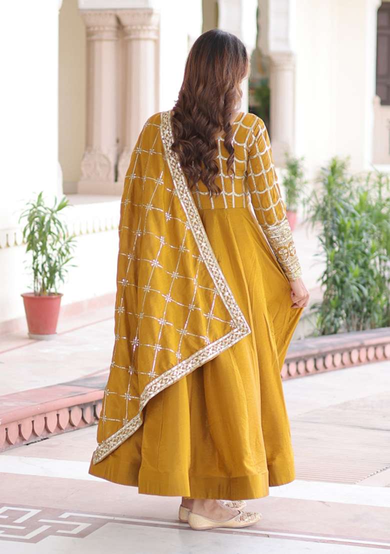 Mustard Embroidered Vichitra Gown With Dupatta - Indya